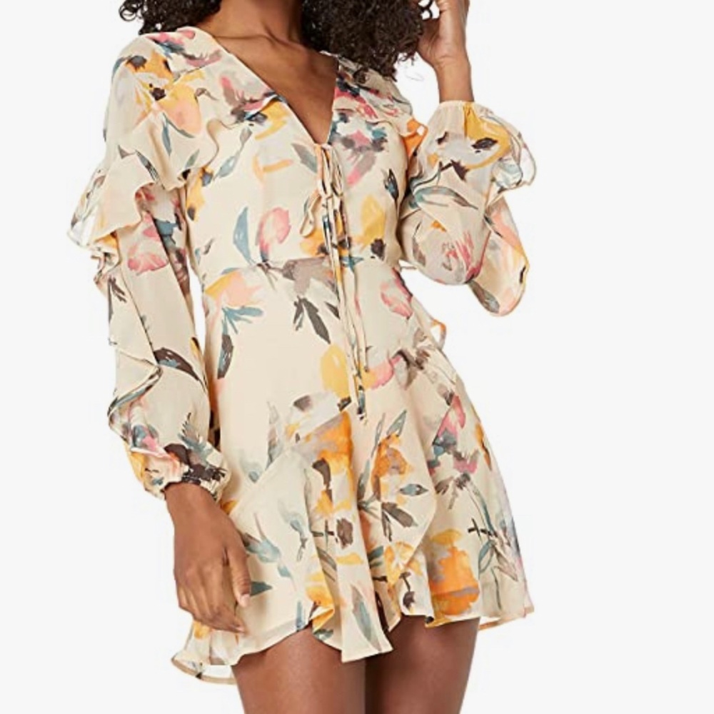 Tan Abstract Florals Ruffle Dress - Picture 2 of 6